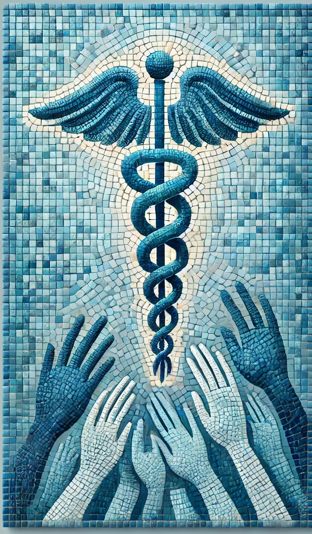 A blue mosaic of healing hands and the symbol for medicine, the Rod of Asclepius.