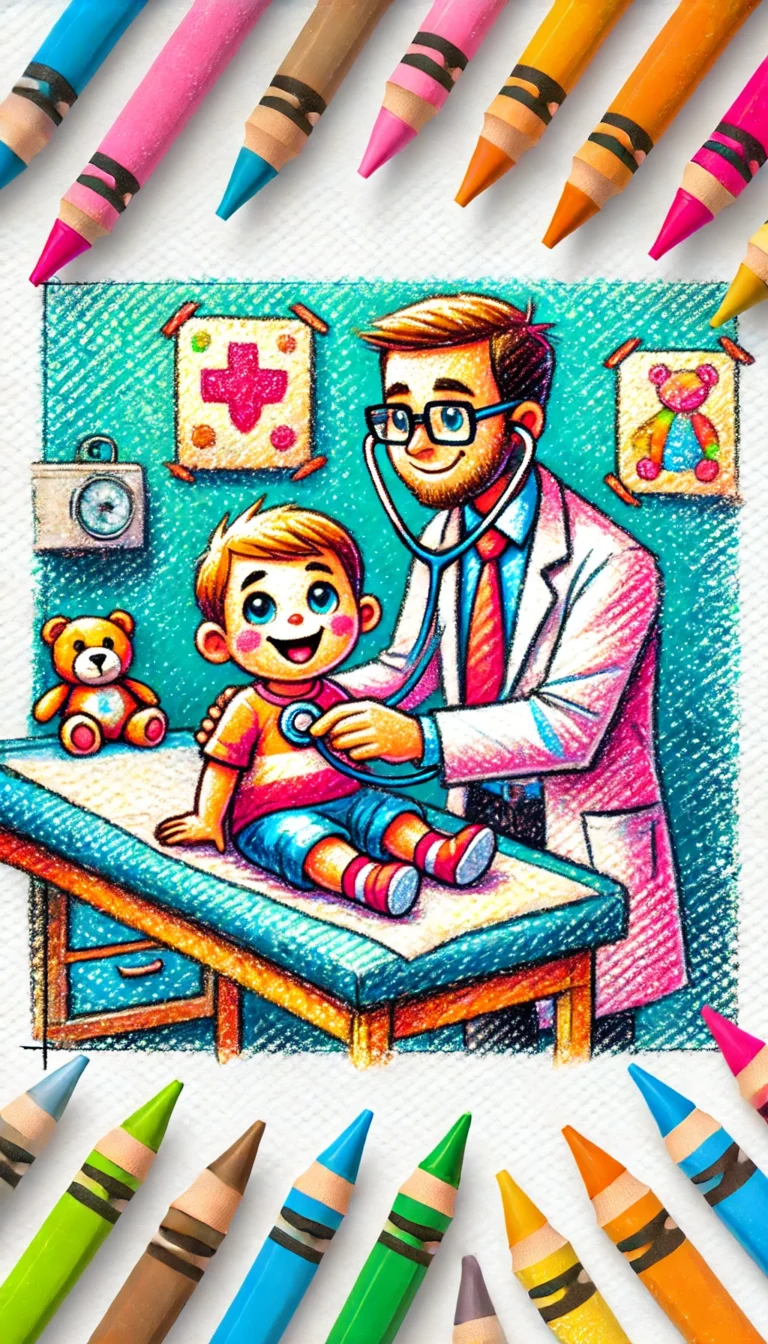 A crayon drawing of a doctor and child patient getting a checkup.