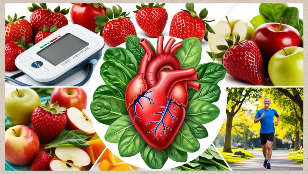 a collage of images relating to heart health including a digital drawing of a heart, fruits and vegetables, a blood pressure monitor, and a person jogging.