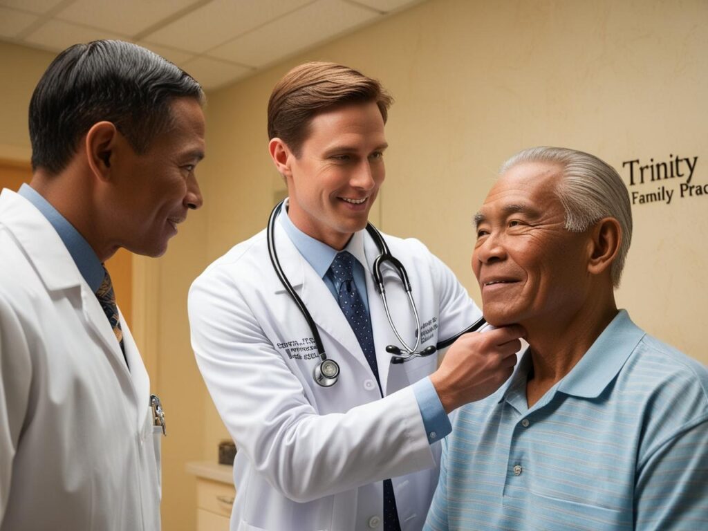 Doctor's at Trinity Family Practice giving a patient a routine preventative care screening.