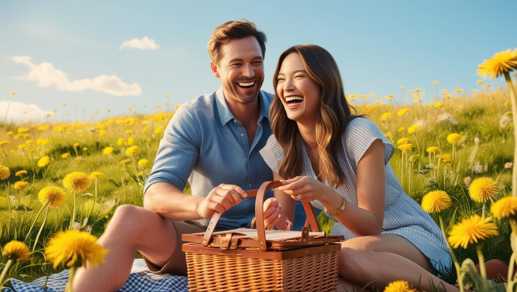 A man and woman enjoying a picnic out in nature. They're free from seasonal allergies despite being surrounded by allergens and pollen, like from dandelions.