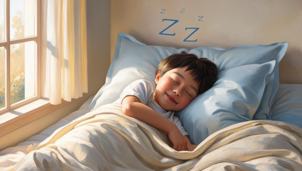 A child sleeping soundly in bed.