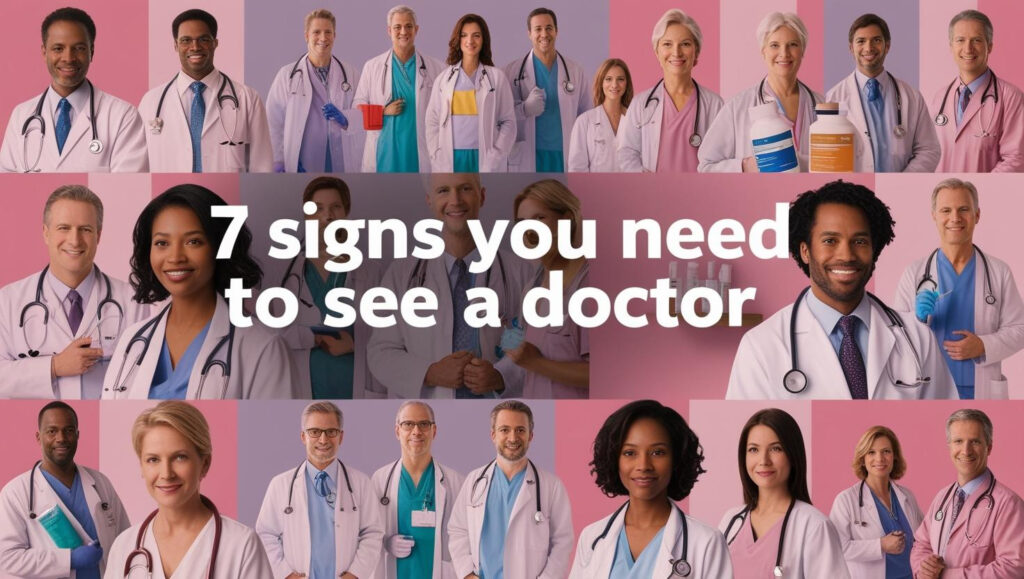 A collage of doctors with foreground text reading "7 signs you need to see a doctor"