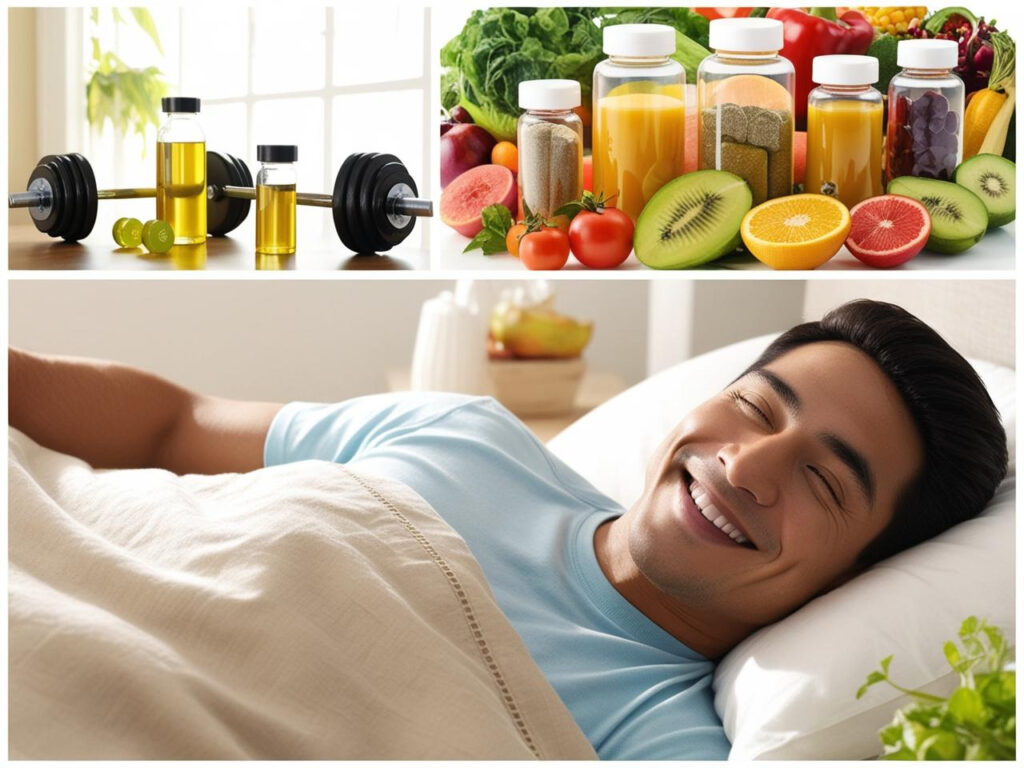 A person waking up in bed happy and healthy surrounded by images of health items like vitamins, weights, and fruits and vegetables.