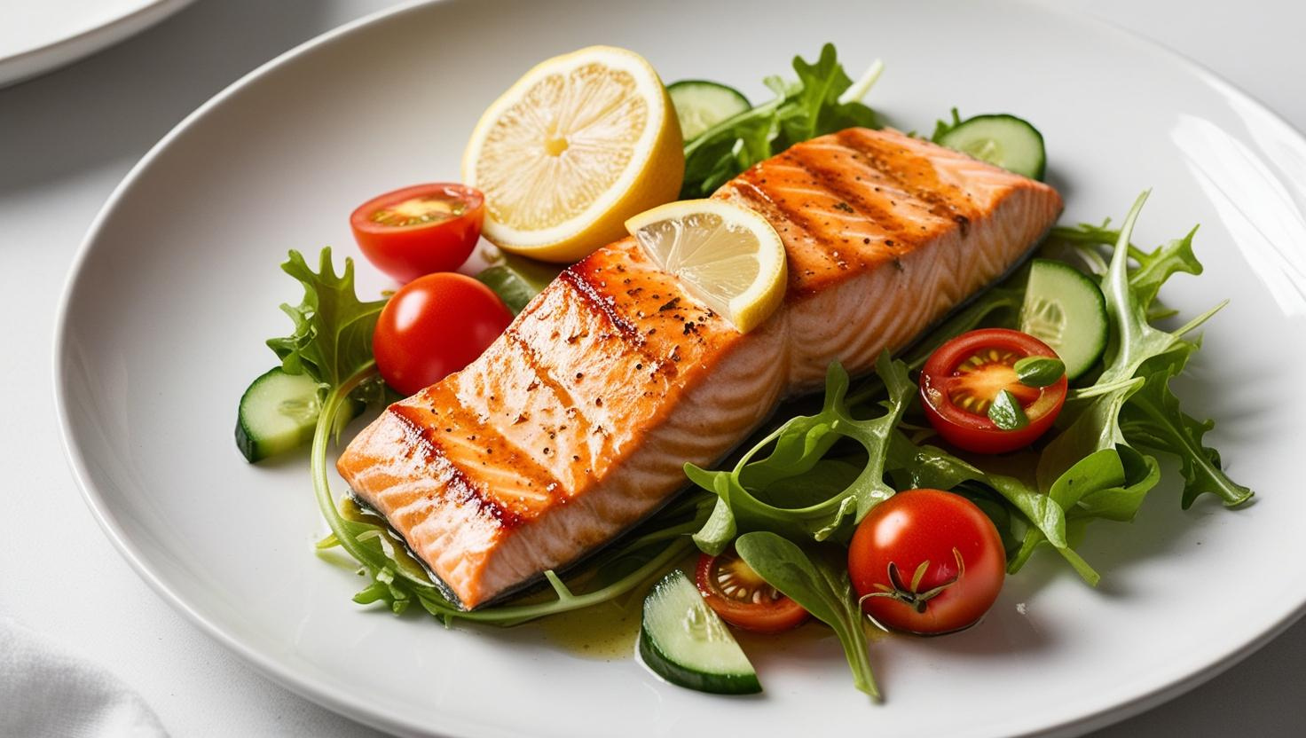 A plate of healthy foods including a salmon filet and a salad.