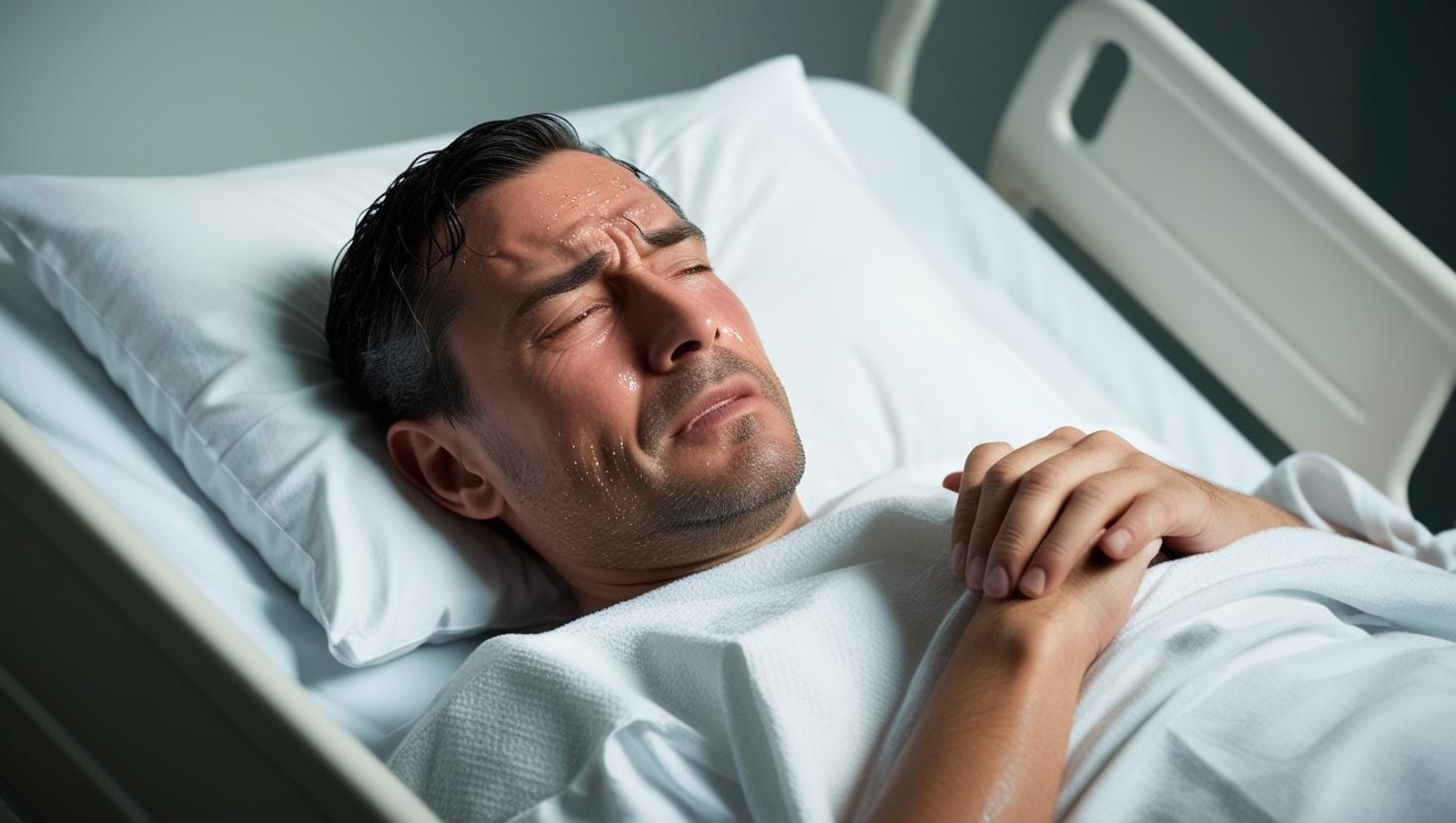 A man laying in a hospital bed with a fever.