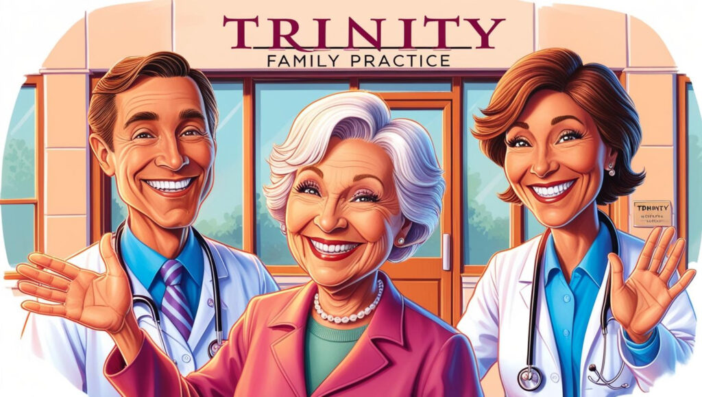 A drawing of happy doctors standing outside and waving at Trinity Family Practice.