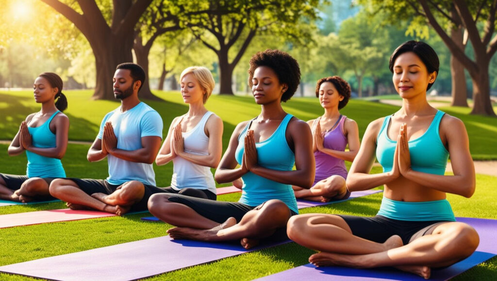 A group meditating while sitting on yoga mats in the park.