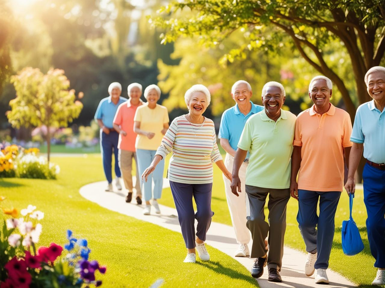 A group of happy seniors staying active in the park.