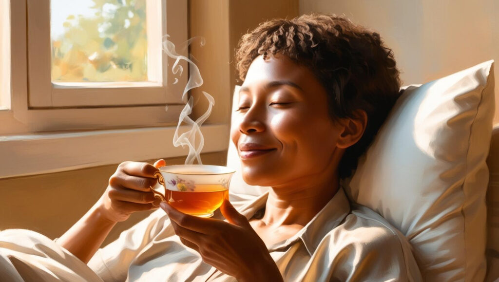 Someone drinking tea and resting and beginning to feel better after a cold or flu.