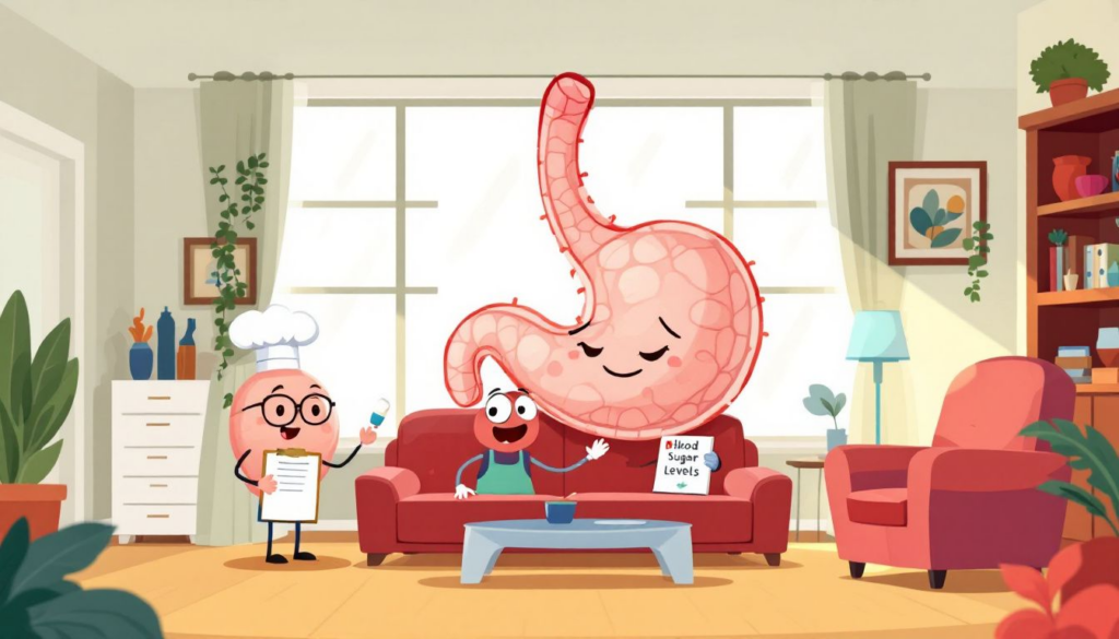 An illustration depicting the pancreas and its role in managing diabetes.