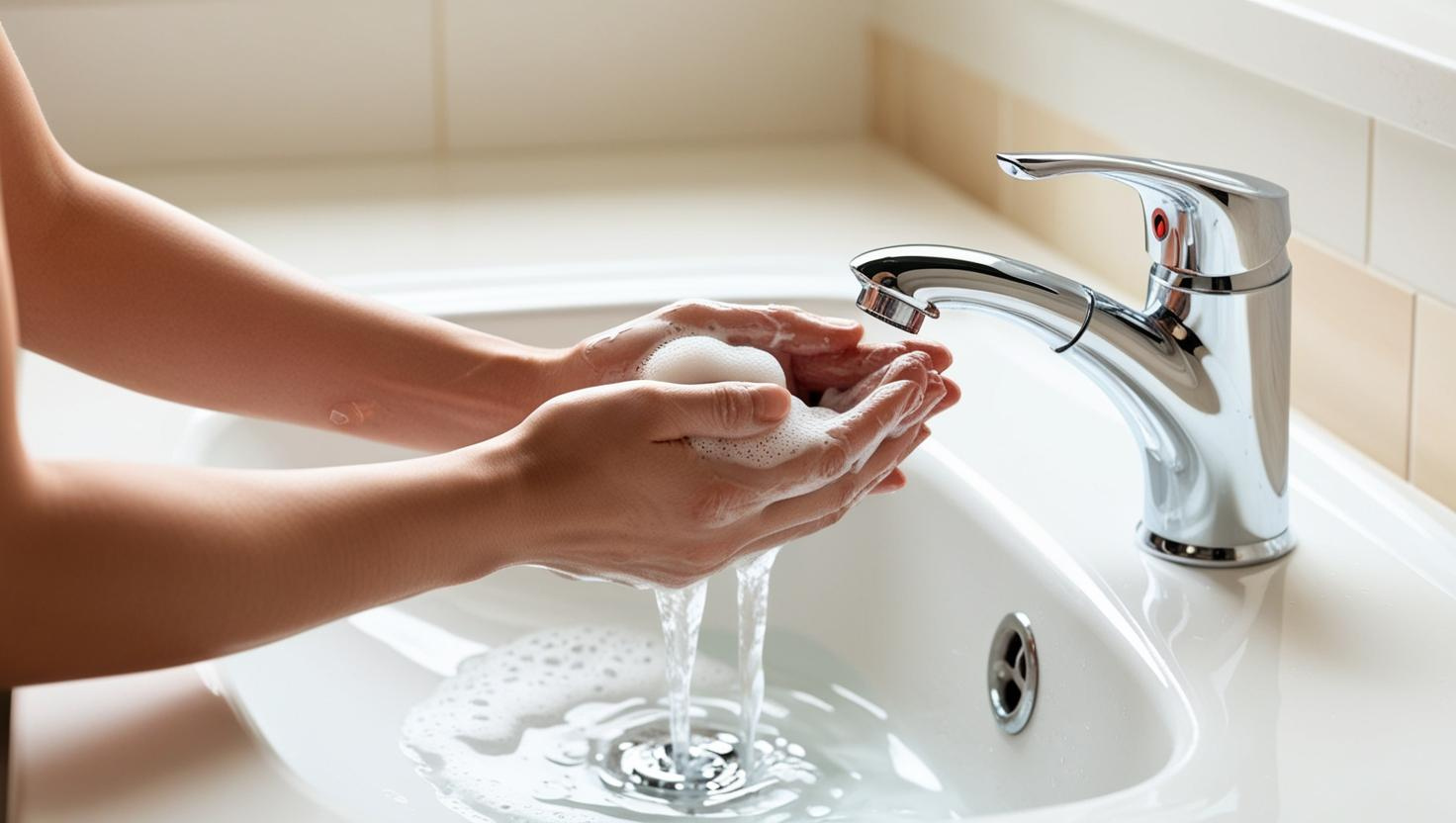 A person washing their hands thoroughly as part of good hygiene practices to prevent flu.