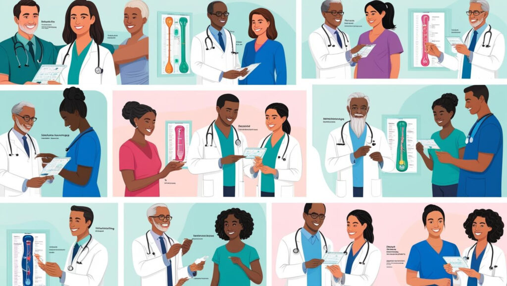 A collage with diagrams of patients going through different health screening tests with their doctors