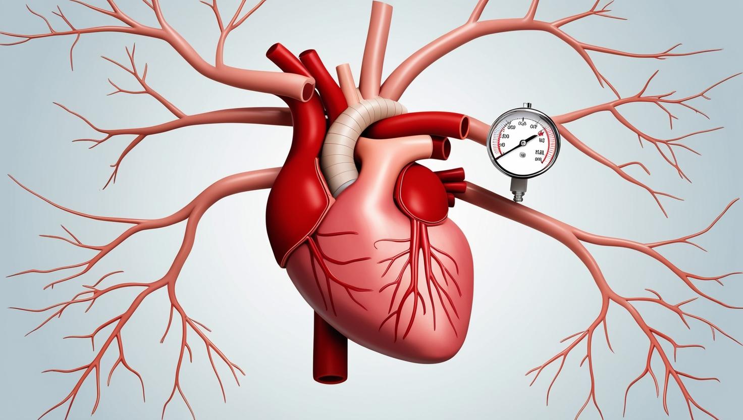 Illustration of a human heart and arteries with a red pressure gauge showing high pressure, clean infographic style, white background with soft blue and red medical tones