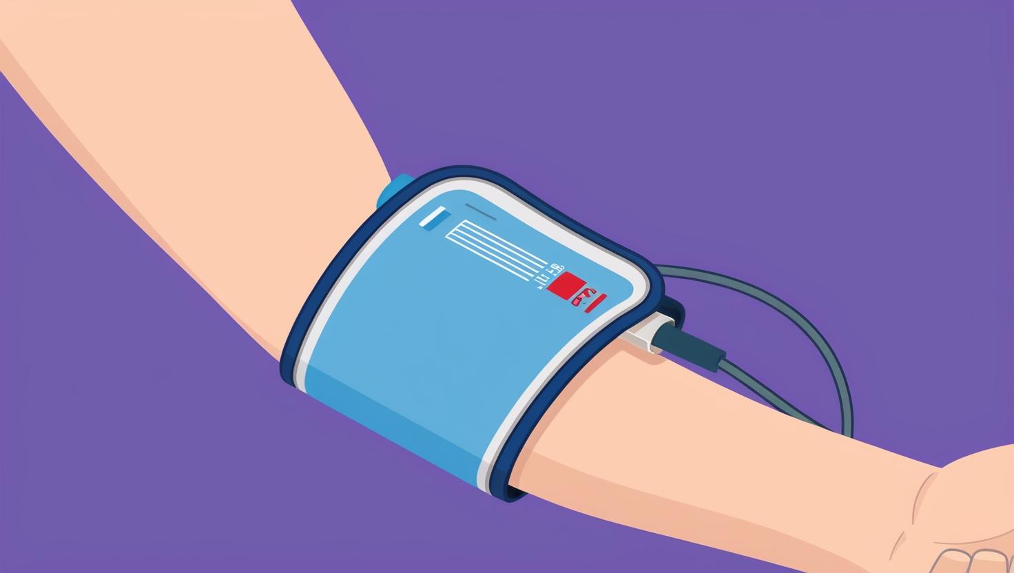 Close-up digital illustration of a blood pressure cuff wrapped around an arm, with labeled systolic and diastolic readings, modern health infographic style, clear and educational layout