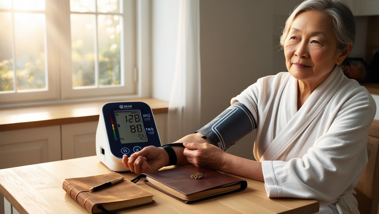 A senior woman using a home digital blood pressure monitor at a kitchen table, journal and pen nearby, early morning light through window, calm and focused atmosphere
