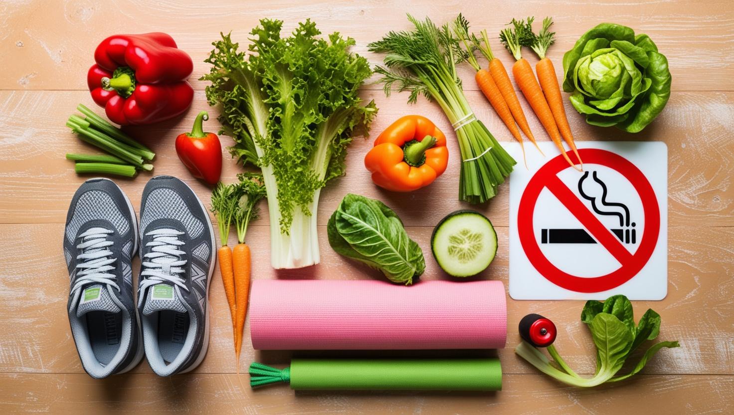 Collage of healthy lifestyle elements: fresh vegetables, walking sneakers, yoga mat, and a no-smoking sign, arranged in a flat lay on a wooden surface, wellness concept