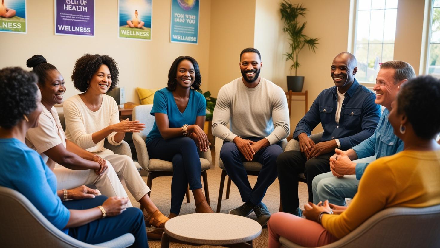 Friendly group of diverse adults in a community health workshop, seated in a circle, smiling and engaged, wellness posters on the wall, supportive environment