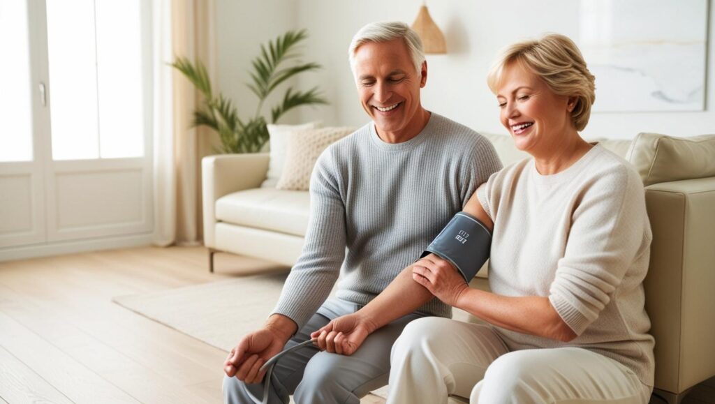 A smiling middle-aged couple checking blood pressure at home using a digital monitor in a cozy living room, soft natural lighting, health and wellness theme, modern and clean aesthetic