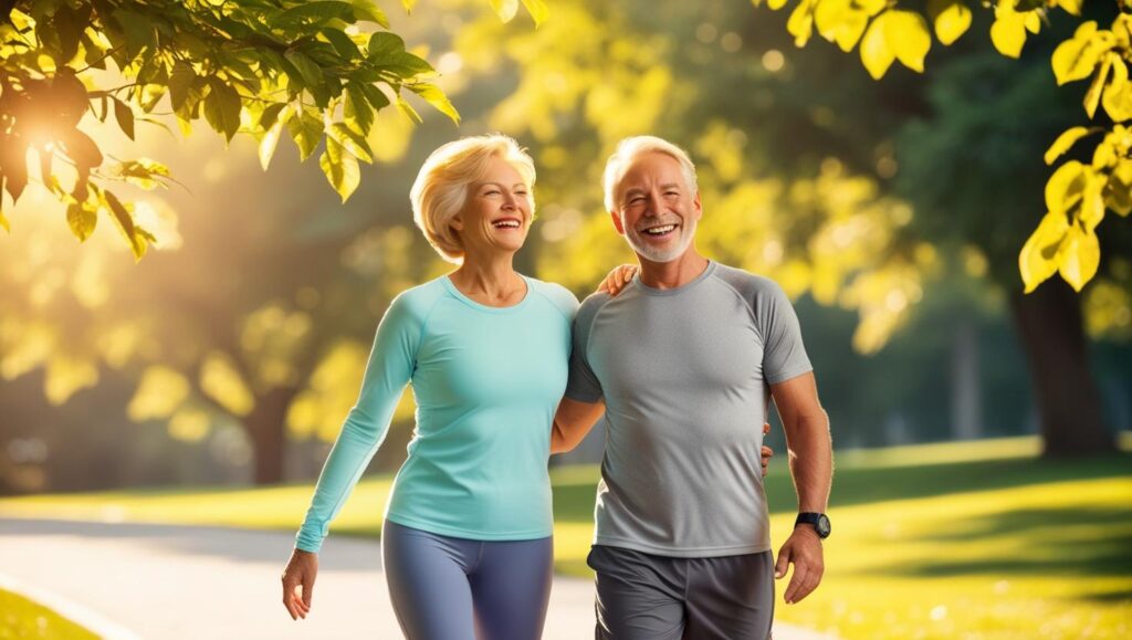 A vibrant, smiling senior couple in their early 60s enjoying a sunny walk in the park, wearing casual activewear, surrounded by green trees and soft sunlight.
