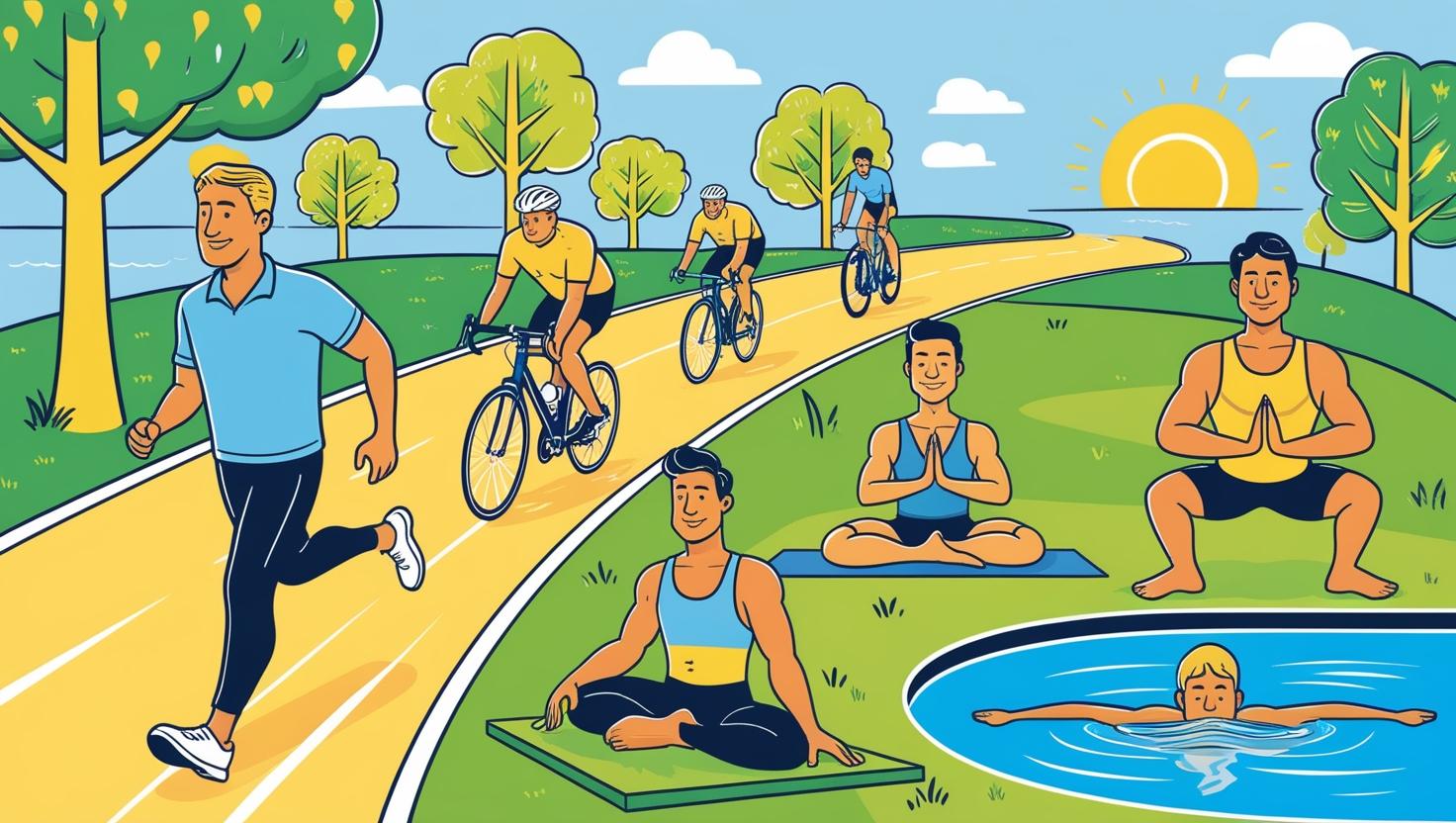 Dynamic illustration depicting diverse people engaging in moderate-intensity activities like walking, cycling, yoga, or swimming outdoors. Bright, active, uplifting color scheme emphasizing positivity and movement.