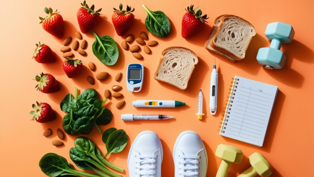 An inviting, vibrant flat-lay showing healthy food options like fruits, vegetables, nuts, whole grains, alongside diabetes management tools such as a glucometer, insulin pen, a journal for tracking glucose levels, and fitness items like sneakers and dumbbells. Warm, welcoming colors, natural lighting, with ample copy space.