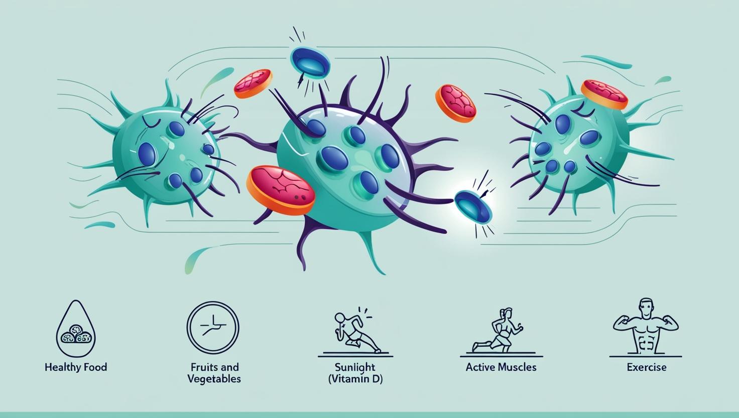 Modern infographic-style illustration of the human immune system: stylized white blood cells and T-cells in action, with icons for healthy food, sun (vitamin D), and muscle (exercise). 