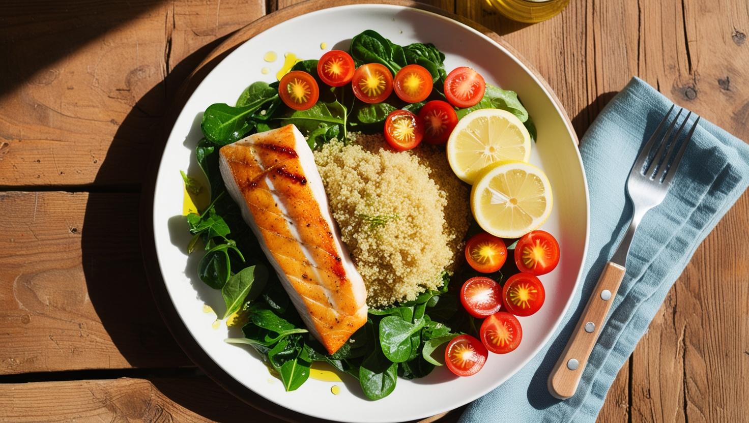 Top-down view of a Mediterranean-inspired meal: grilled fish, quinoa, leafy greens, cherry tomatoes, lemon slices, olive oil drizzle. Natural light, wooden table background.