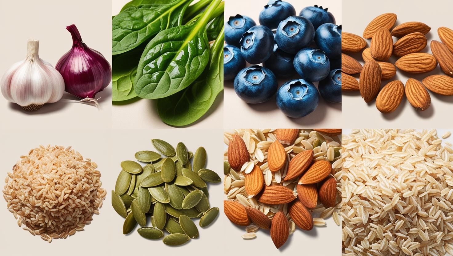 Collage or grid layout of immunity-supporting foods: garlic, onions, blueberries, spinach, almonds, pumpkin seeds, and whole grains.