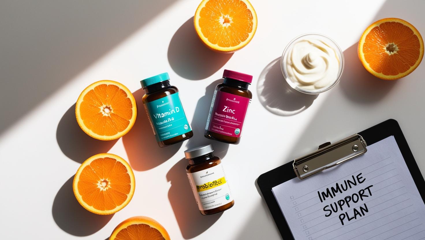 Flat lay of supplement bottles (vitamin D, zinc, probiotics) next to fresh produce like oranges and yogurt.