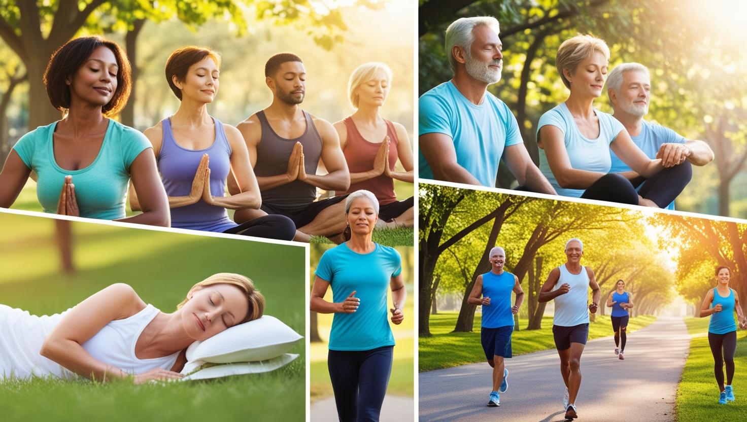 Happy, active people doing yoga, sleeping peacefully, jogging outdoors. Montage or split-screen concept showing wellness lifestyle. 