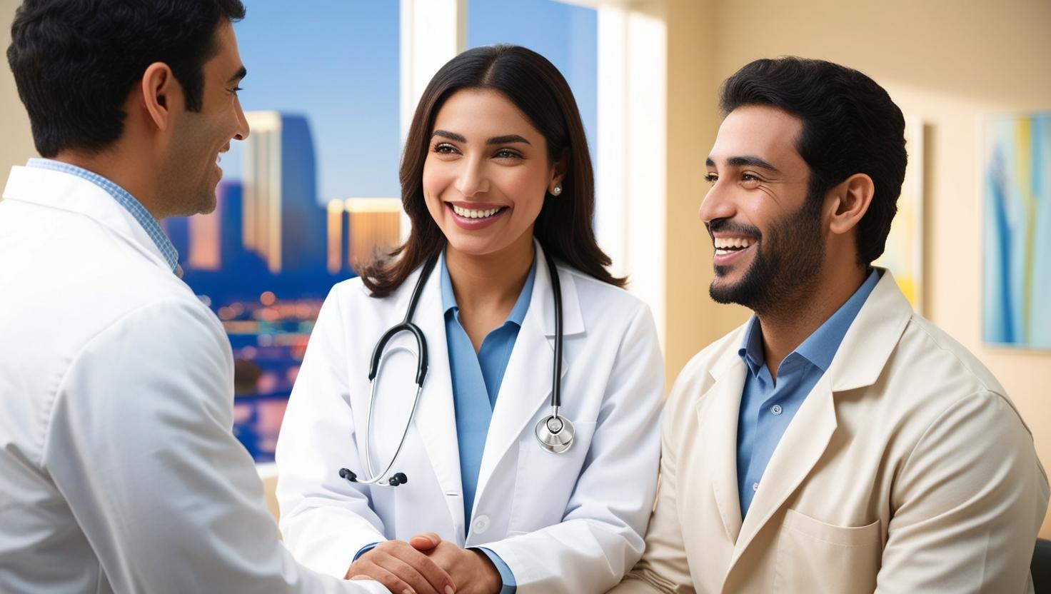 Warm, reassuring scene of a doctor warmly greeting a patient in an examination room, friendly smiles, professional and caring environment, Las Vegas background subtly included.