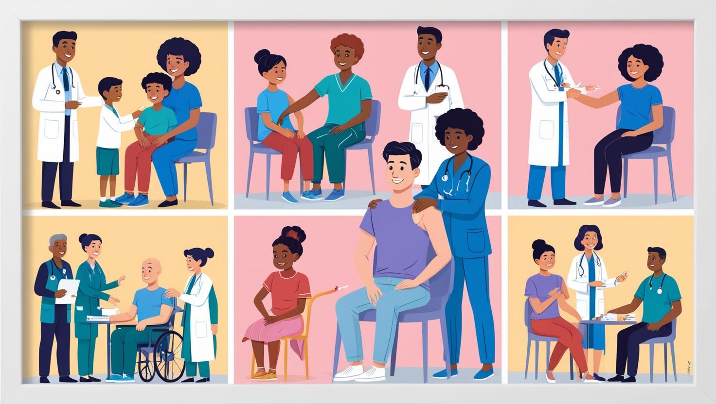 Infographic-style image illustrating comprehensive health services, such as routine check-ups, vaccinations, chronic care management, and specialist coordination, modern and clear design.