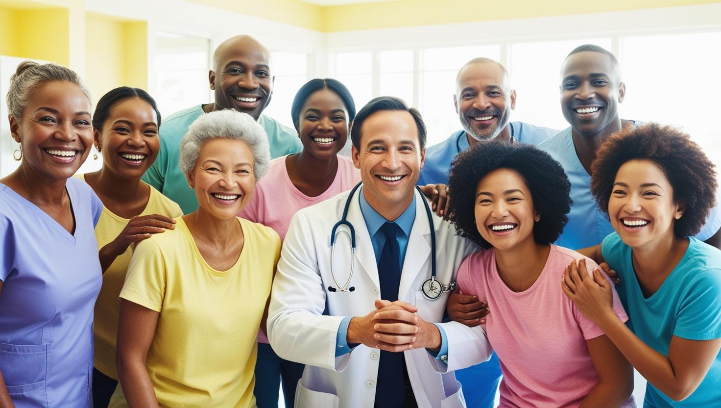 Happy and healthy diverse group of patients of various ages and backgrounds smiling with a trusted doctor at the center, symbolizing community, wellness, and improved health outcomes.