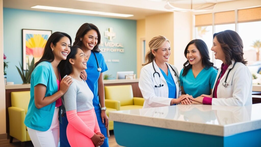 Bright, inviting medical office reception area in Las Vegas style, professional yet welcoming atmosphere, natural lighting, cheerful patients and friendly doctors interacting, conveying trust, wellness, and personalized healthcare.