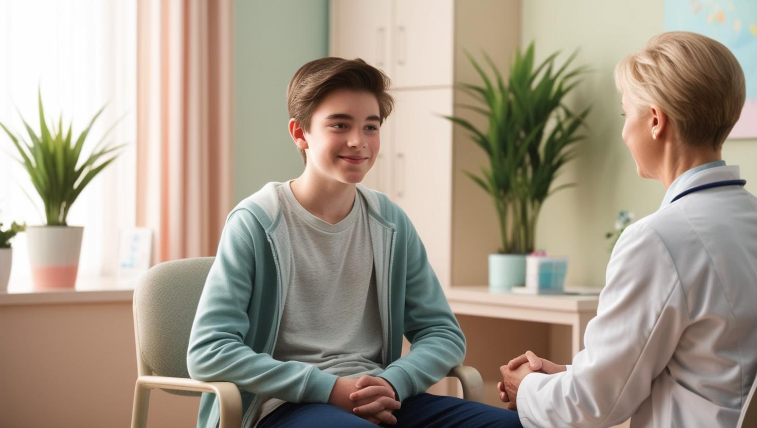 Teenager having an open, supportive conversation with a healthcare provider or counselor, calming atmosphere, comfortable setting with plants or soothing décor.
