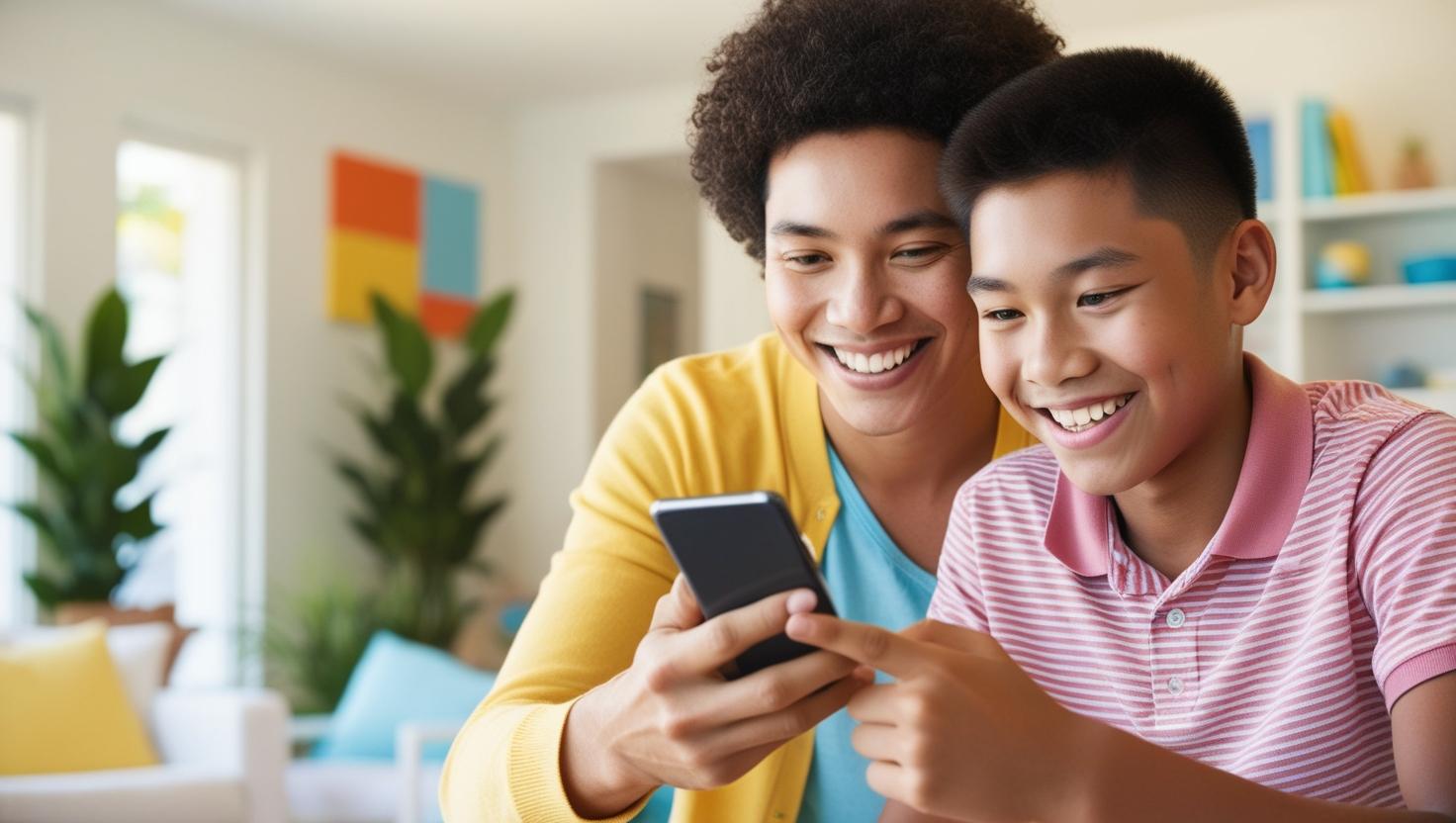 Warm and friendly image of parent and teen scheduling appointment on smartphone or computer, modern home environment, bright and inviting.