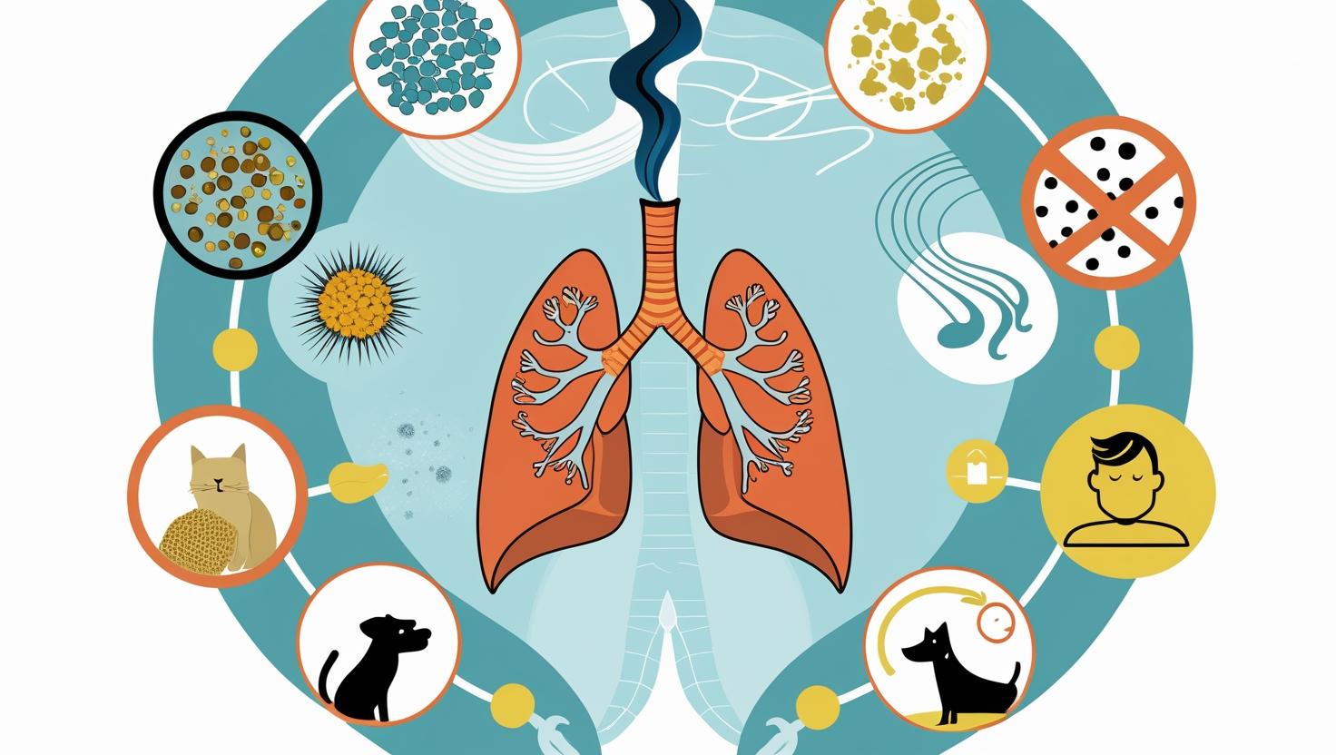A stylized infographic illustrating common asthma triggers:  microscopic pollen grains, swirling dust motes, a stylized plume of smoke, playful silhouettes of a cat and dog, and a simple graphic representing stress (e.g., a person with exaggerated worry lines). These icons are arranged in a circular pattern around a central, detailed illustration of healthy human lungs, rendered in a clear and visually informative style with a bright, clean color palette.  The overall aesthetic is friendly and educational, suitable for a health awareness campaign.