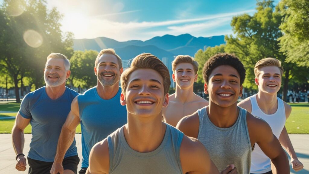 A group of active adults and teens, smiling and enjoying a sunny day in a clean, bright city park.