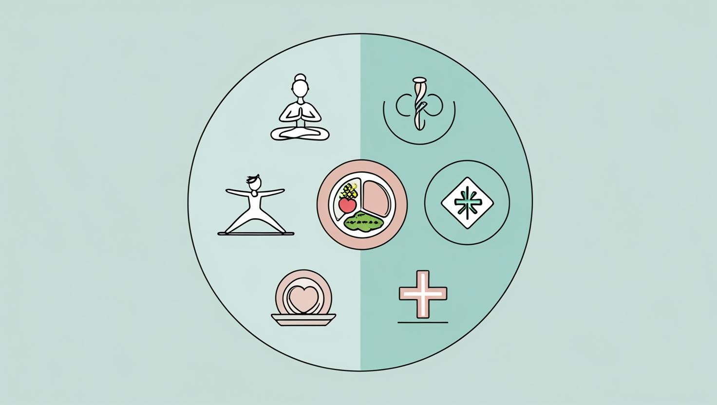 A minimalist illustration in a calming palette of pastel blues, greens, and pinks, featuring simple, line-art icons representing lifestyle changes: a person exercising (yoga pose), a balanced meal on a plate, and a stylized medical cross. The style should be clean and modern, with a focus on clear, easily understandable symbols. The composition should be balanced, with icons arranged in a pleasing and intuitive manner, possibly within a soft circular frame.