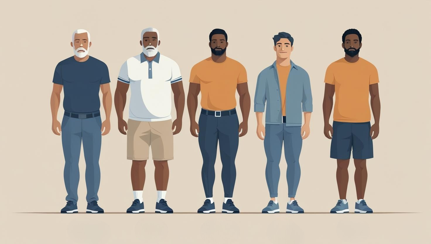 Flat-style infographic depicting five diverse adult males of varying ethnicities, body types, and ages, positioned against a soft, beige background. Each man is clearly labeled with a corresponding icon representing a key risk factor: family history (represented by a stylized family tree), age (represented by a calendar icon), inactivity (represented by a sedentary figure icon), weight (represented by a scale icon), and diet (represented by a balanced plate icon).  The infographic employs a clean, minimalist aesthetic with a muted color palette.