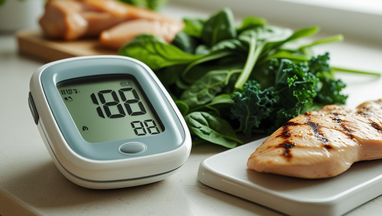A realistic, softly lit close-up photo of a glucose monitor displaying a high blood sugar level.  Beside it, on a clean kitchen counter, are vibrant, fresh leafy green vegetables such as spinach and kale, and a portion of lean grilled chicken breast. The overall color palette is natural and slightly muted, emphasizing the healthy food choices in contrast to the high blood sugar reading. The scene is styled with a focus on realistic detail and soft lighting.