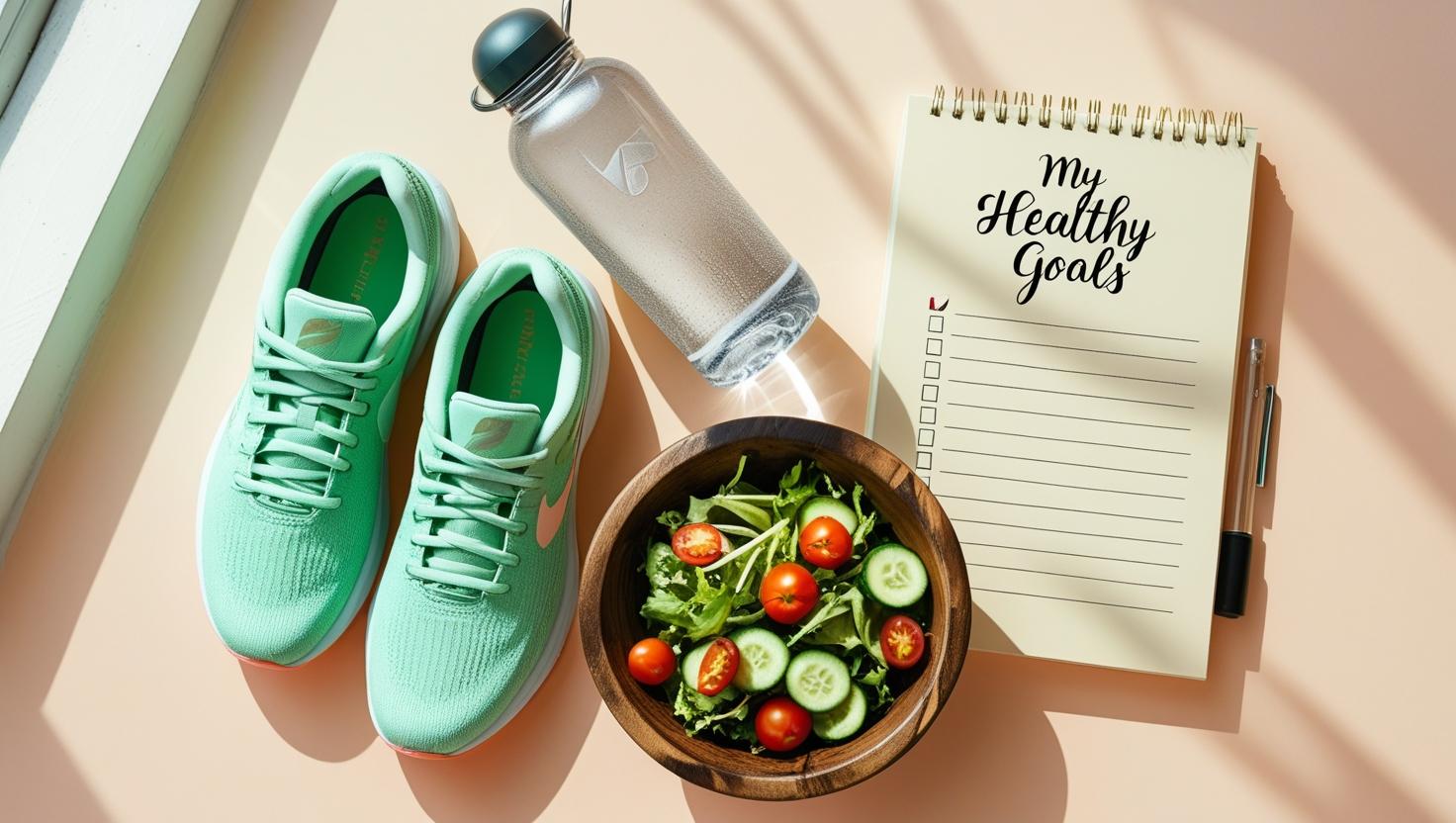 A clean lifestyle flatlay featuring a pair of vibrant, mint-green gym shoes, a sleek, stainless steel water bottle with condensation, a rustic wooden salad bowl overflowing with colorful mixed greens, cherry tomatoes, and cucumbers, and a cream-colored checklist notebook titled ‘My Health Goals’ in elegant calligraphy. The scene is set against a soft pastel peach background, bathed in bright, natural light from an unseen window.  The overall aesthetic is minimalist and airy, conveying a healthy and motivational tone.