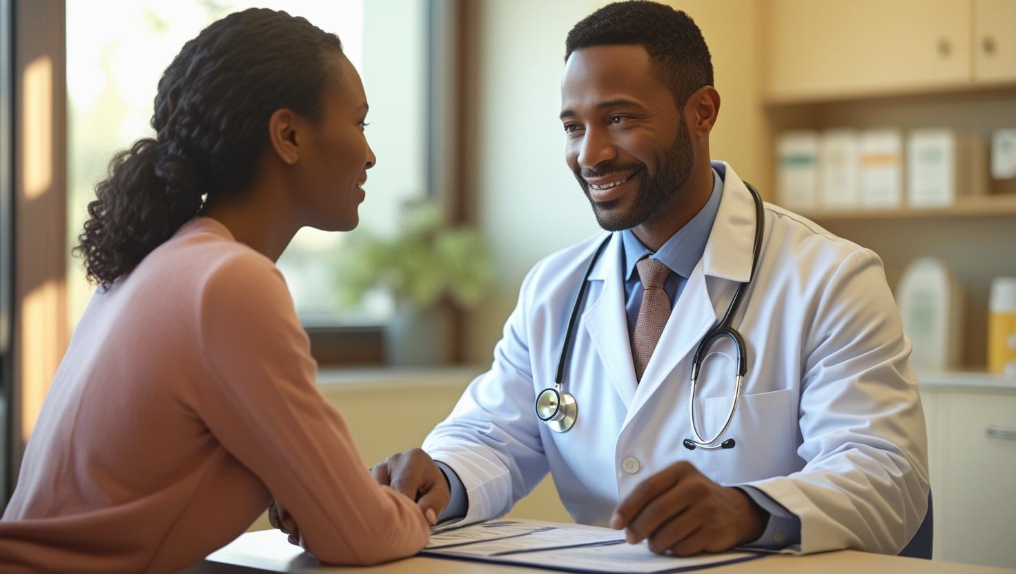 A professional scene in a bright, clean primary care clinic, bathed in warm lighting. A friendly primary care doctor, wearing a crisp white coat, sits across a small table from a patient, gently discussing lab results. The doctor's expression conveys empathy and care, while the patient listens attentively. The focus is on the warm, trusting interaction between the doctor and patient, emphasizing a feeling of safety and support within the calm clinic environment. The image should be sharp and detailed, with a shallow depth of field focusing on the individuals. The color palette should be warm and inviting, with muted tones that promote a sense of calm and well-being.