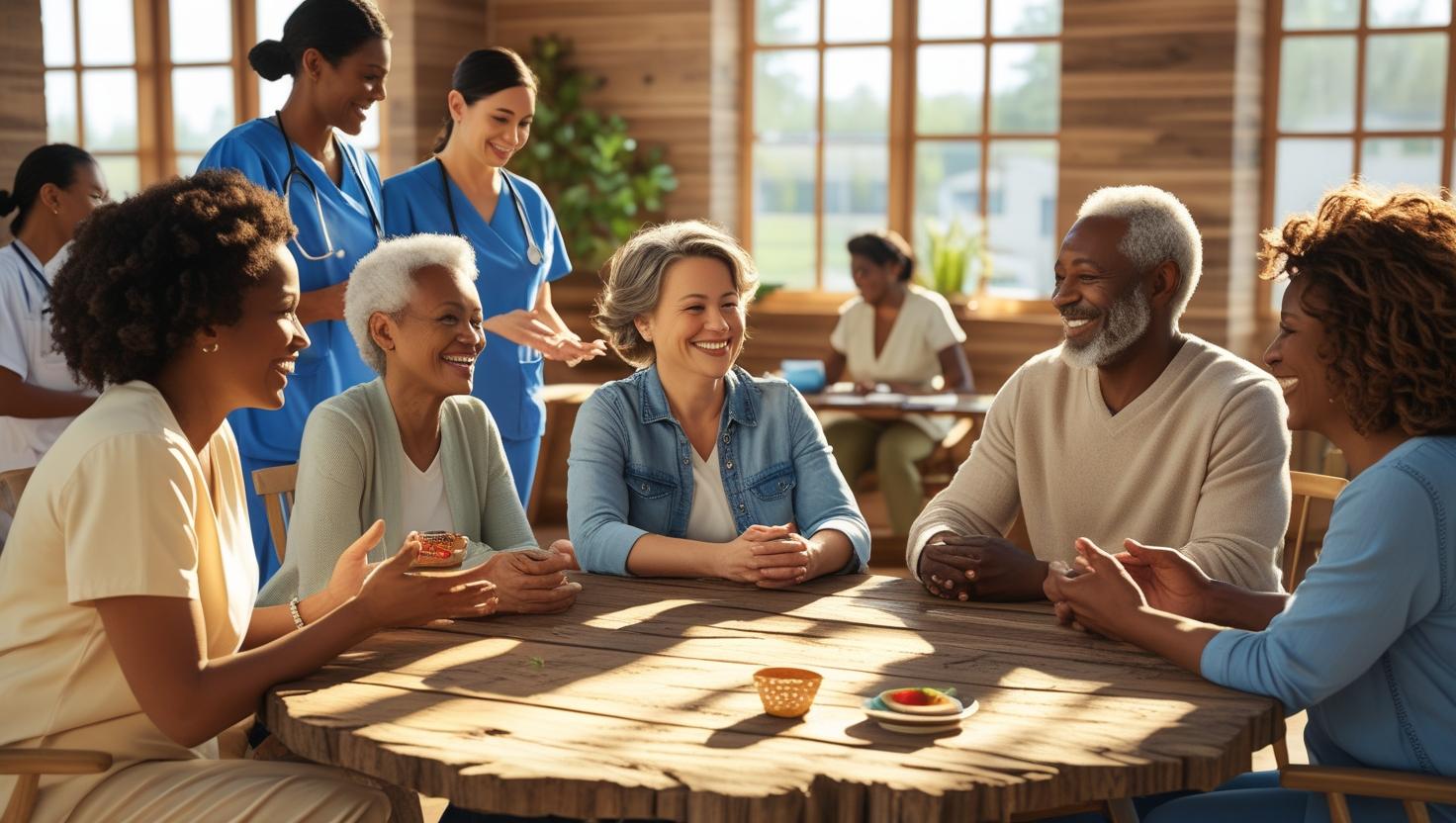 Diverse group of people in a community wellness class or support group, smiling and engaged, sitting in a circle or at a table, collaborating with healthcare resources in background.