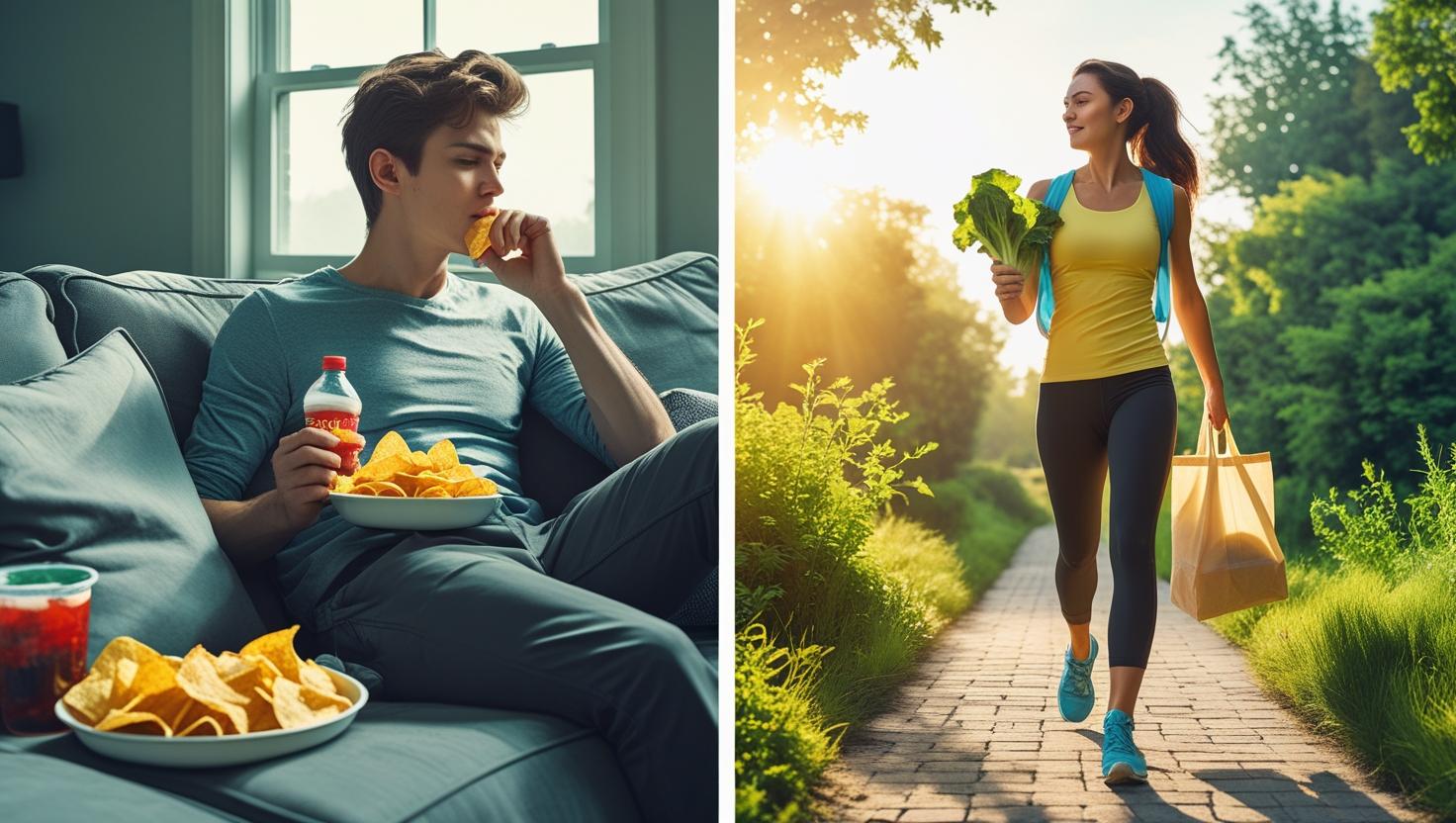 Split-image showing before-and-after lifestyle choices: one side with processed food and sedentary posture, the other with walking outdoors and fresh vegetables — high contrast and inspirational tone.