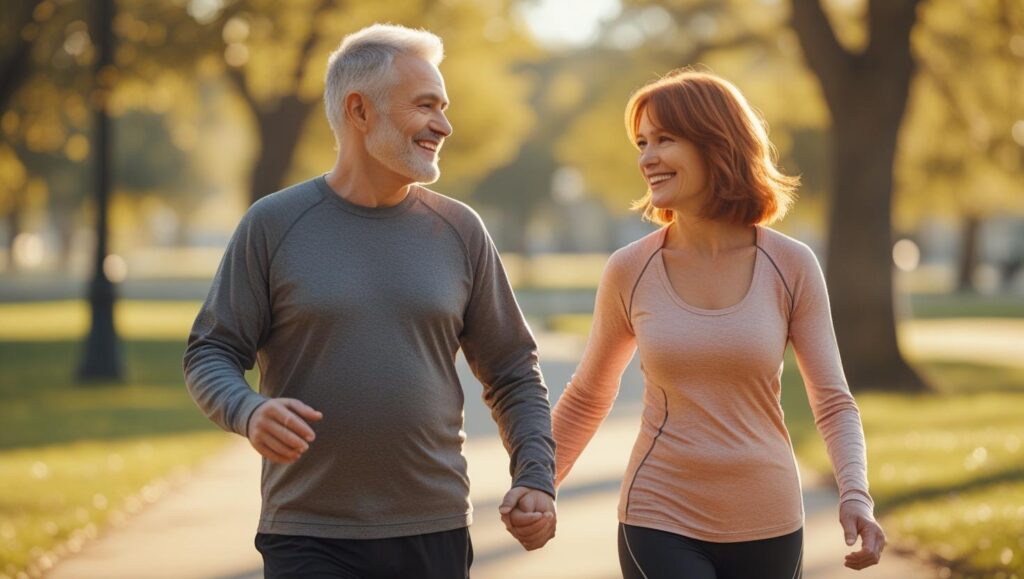 A hopeful and empowering health and wellness concept showing a diverse middle-aged couple, a woman with shoulder-length auburn hair and a man with short gray hair, walking hand-in-hand outdoors in a sunny park. They are smiling, actively engaged in a brisk walk, dressed in comfortable athletic wear. The scene is softly focused, bathed in warm, natural sunlight, with a shallow depth of field. There is ample space for a title text overlay at the top of the image, symbolizing positive lifestyle changes and early intervention for prediabetes. The overall aesthetic is bright, cheerful, and optimistic.